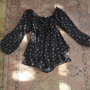 Black Sheer Floral Peasant romper perfect for tween girl